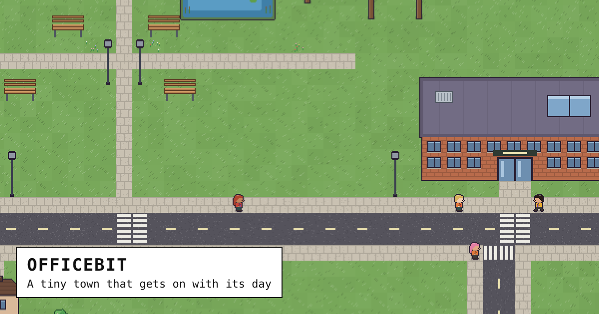 An 8-bit town in the morning: people walking along Main Street to the office, past the green.